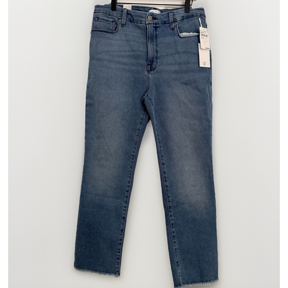 Good American Good Legs Straight Jeans Mid-rise Blue449 Distress Raw Hem 14/32‎
